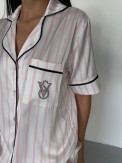 İpek Saten Bel Lastik Taş Nakış Pembe Çizgili Takım