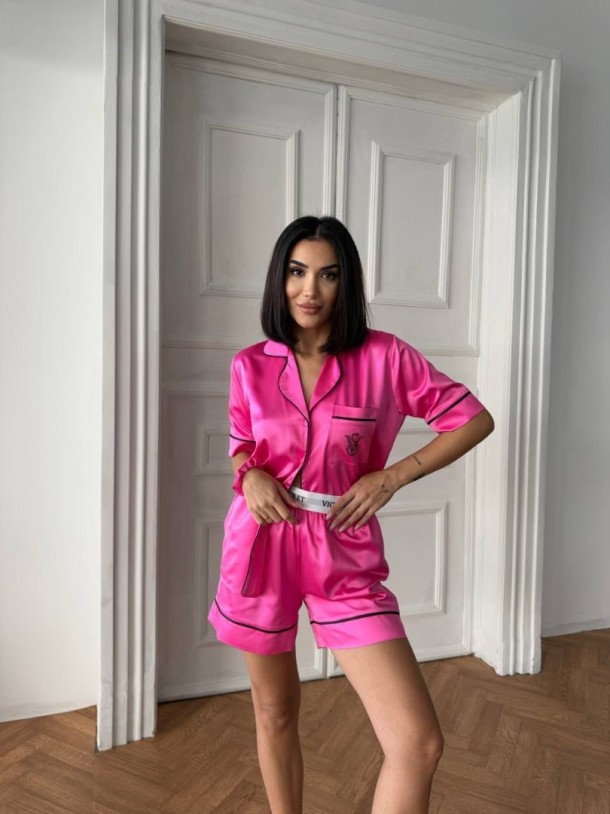 İpek Saten Bel Lastik Taş Nakış Pembe Şort Takım