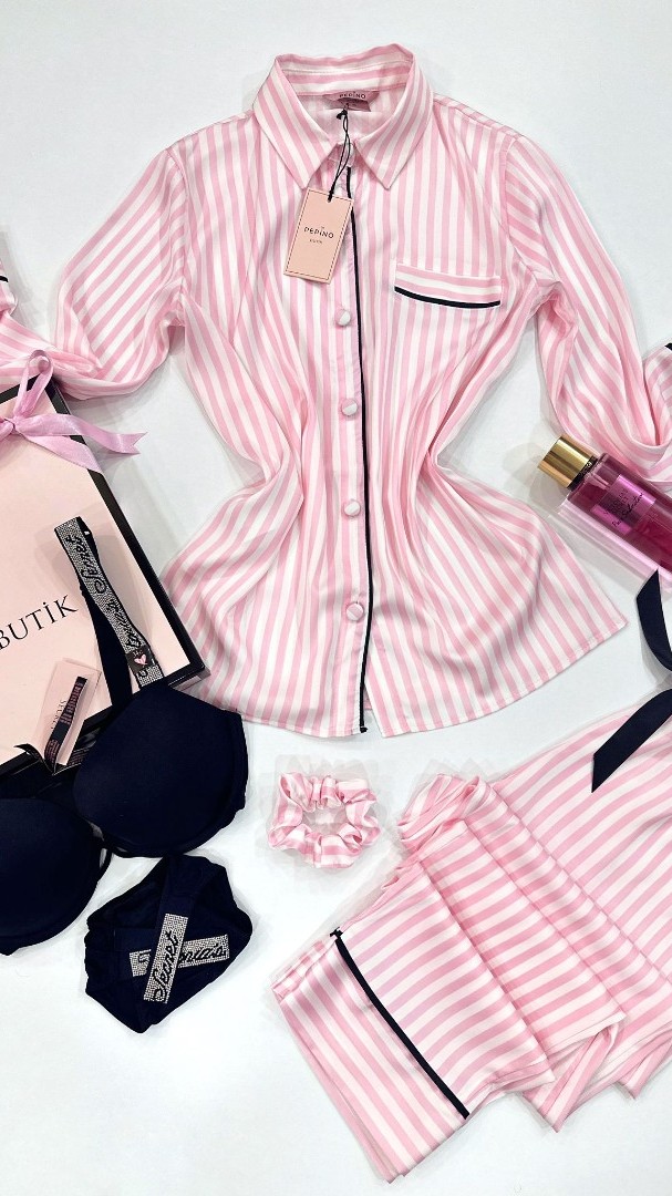 Açık Pembe Çizgili Gömlek Yaka Pijama Takımı&Siyah Taşlı Sütyen Takımı&Sprey