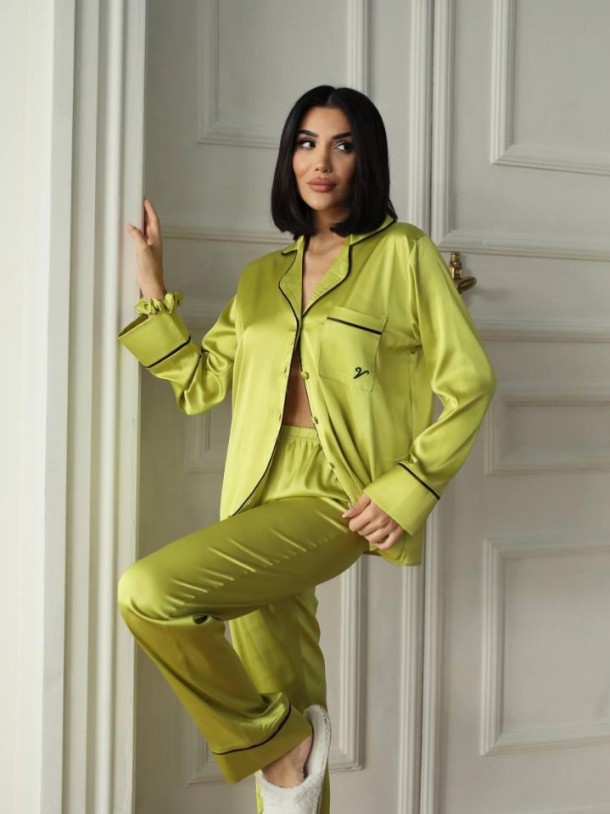 Yağ Yeşili Armani İpek Saten Pijama Takımı
