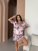 Pembe Kaplan Bel Latik İpek Saten Şort Takım