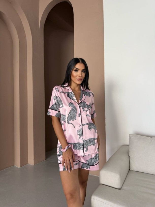 Pembe Kaplan Bel Latik İpek Saten Şort Takım