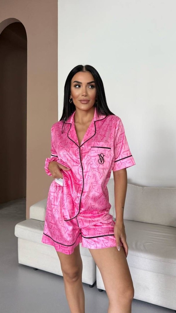Şeker Pembe Kalp Desen Bel Latik İpek Saten Şort Takım