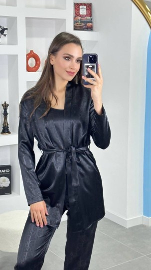 3'Lü Siyah İpek Saten Set 