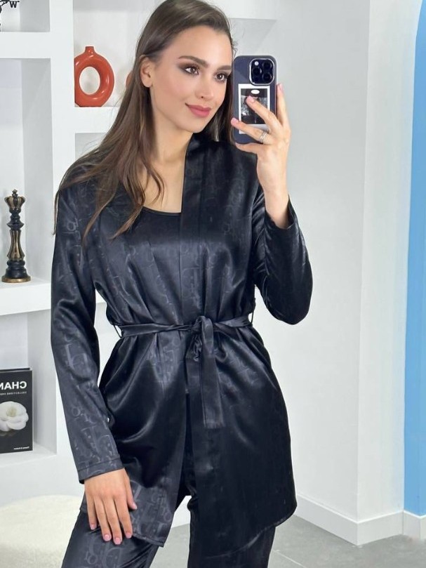3'Lü Siyah İpek Saten Set
