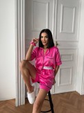 İpek Saten Bel Lastik Taş Nakış Pembe Şort Takım