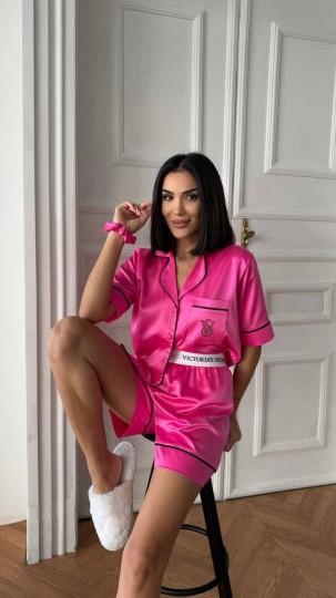 İpek Saten Bel Lastik Taş Nakış Pembe Şort Takım 