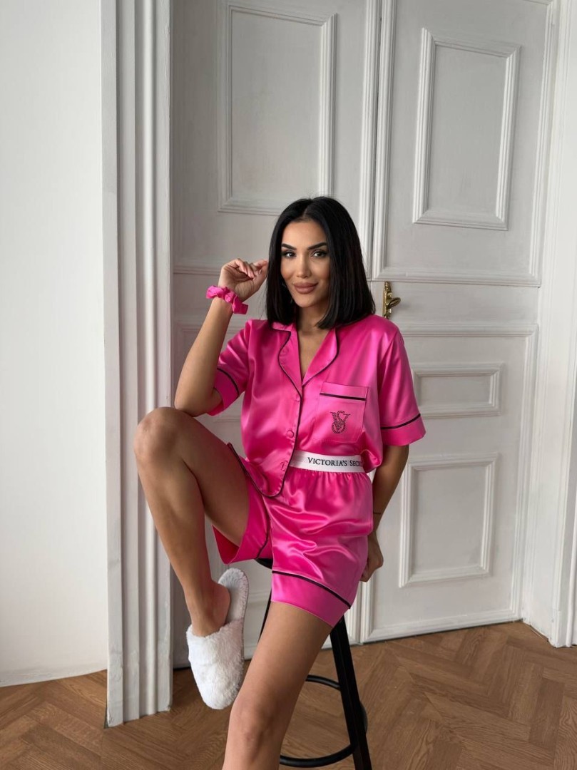İpek Saten Bel Lastik Taş Nakış Pembe Şort Takım