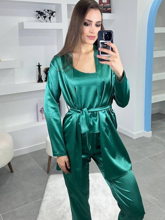 3'Lü Yeşil İpek Saten Set