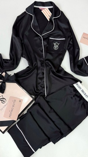 Vs Siyah Taş Nakış İpek Saten Pijama Takımı