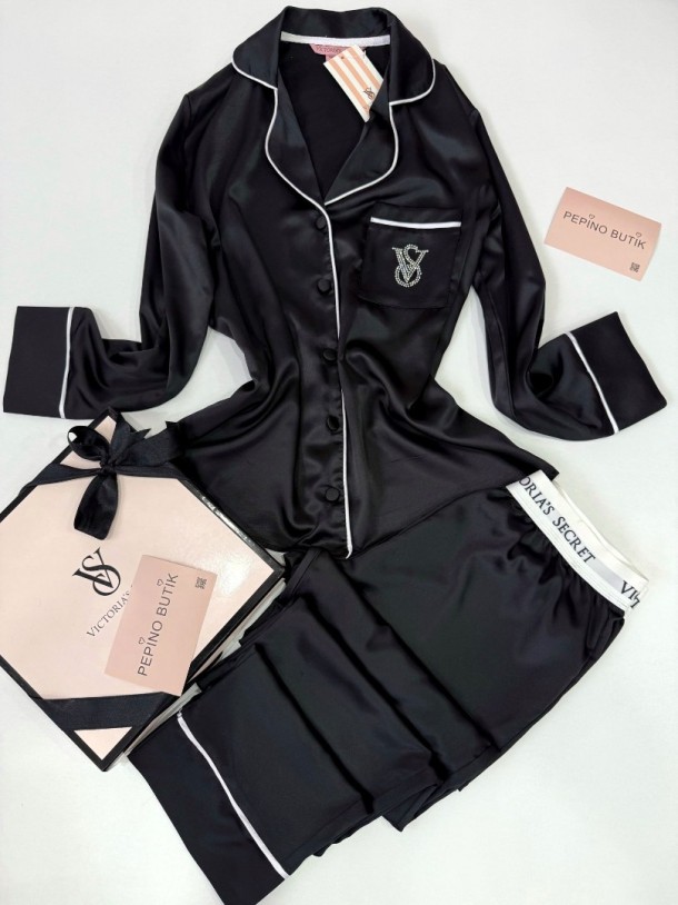 Vs Siyah Taş Nakış İpek Saten Pijama Takımı