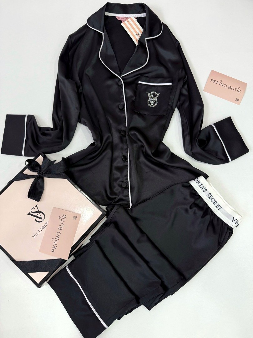 Vs Siyah Taş Nakış İpek Saten Pijama Takımı