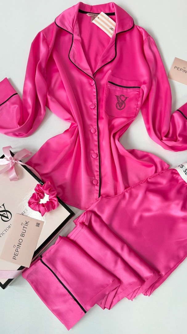 Vs Şeker Pembe Armani İpek Saten Pijama Takımı