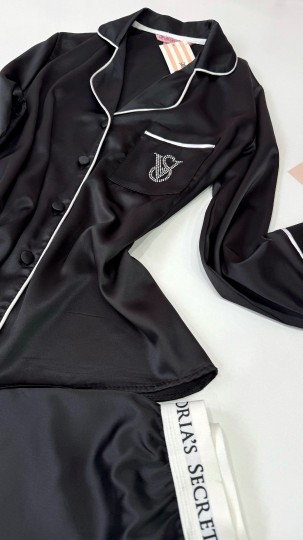 Vs Siyah Taş Nakış İpek Saten Pijama Takımı