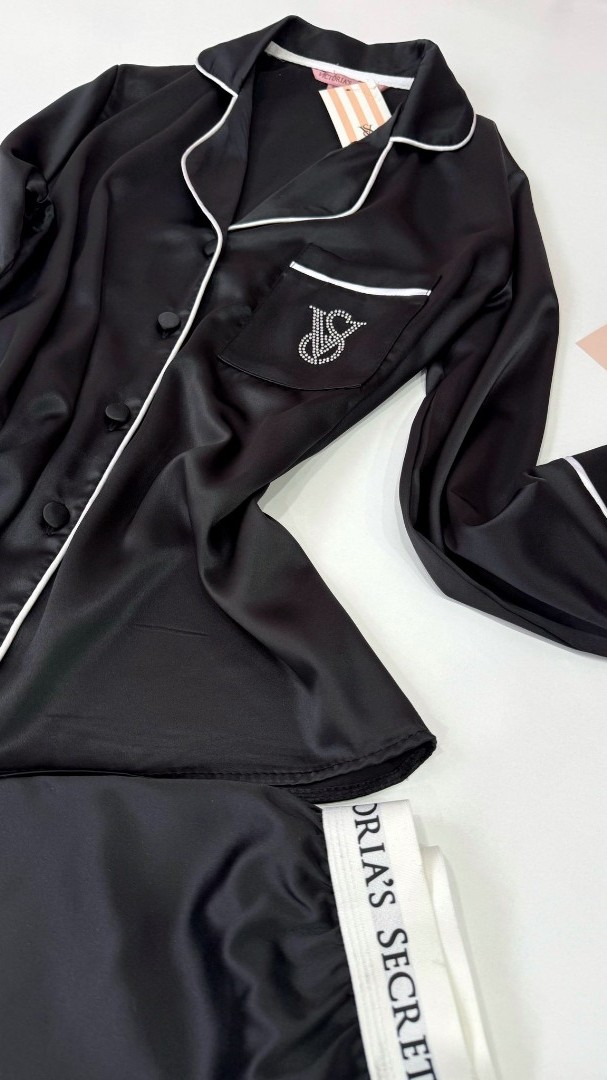 Vs Siyah Taş Nakış İpek Saten Pijama Takımı