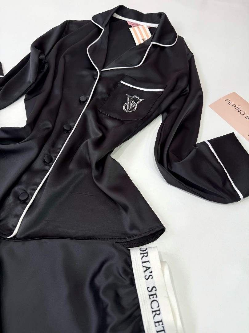 Vs Siyah Taş Nakış İpek Saten Pijama Takımı