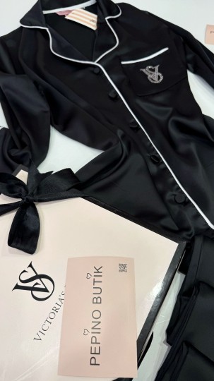 Vs Siyah Taş Nakış İpek Saten Pijama Takımı