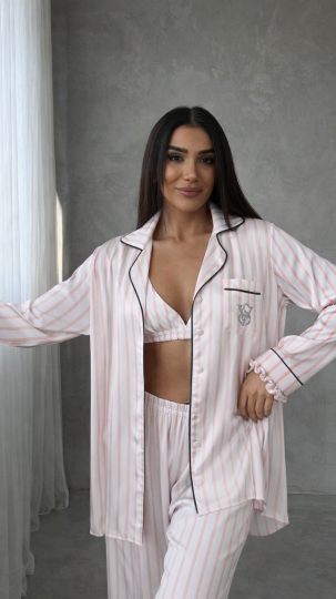 Açık Pembe Çizgili Armani İpek Saten 3’lü Büstiyer Set 