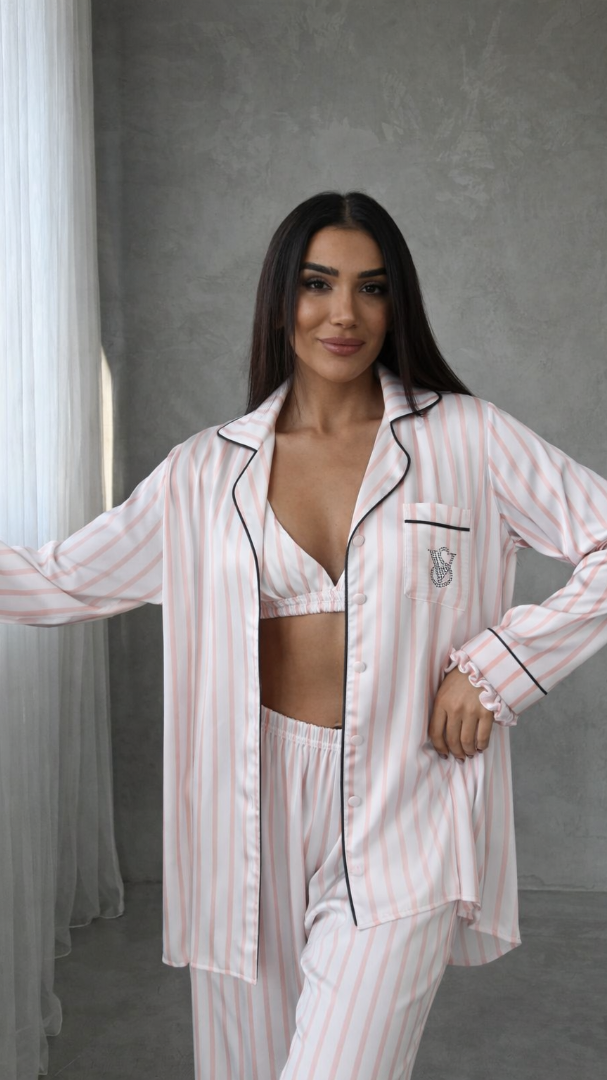 Açık Pembe Çizgili Armani İpek Saten 3’lü Büstiyer Set