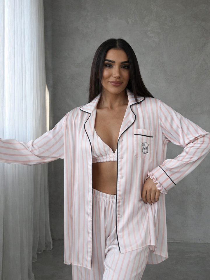 Açık Pembe Çizgili Armani İpek Saten 3’lü Büstiyer Set