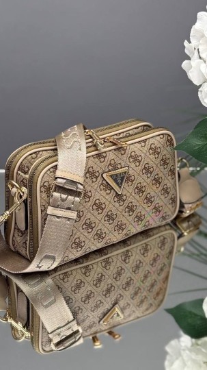 Guess Logolu Bej Ton Çift Fermuarlı Kadın Omuz & Çapraz Çanta