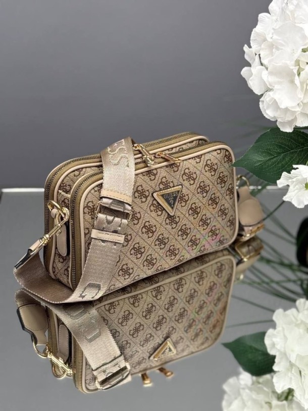 Guess Logolu Bej Ton Çift Fermuarlı Kadın Omuz & Çapraz Çanta