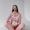 Kırmızı Beyaz Çizgili Armani İpek Saten Pijama Takımı
