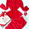 Vs İpek Saten Taş Nakış Bel Lastik Kırmızı Pijama Takımı 