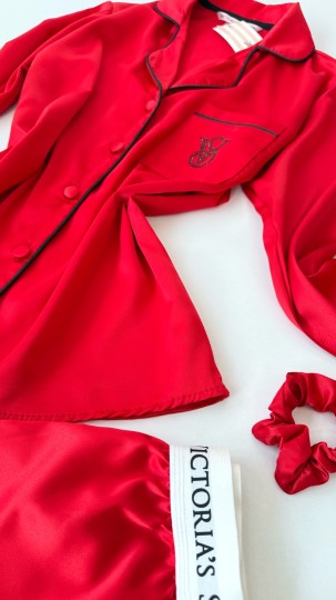 Vs İpek Saten Taş Nakış Bel Lastik Kırmızı Pijama Takımı 
