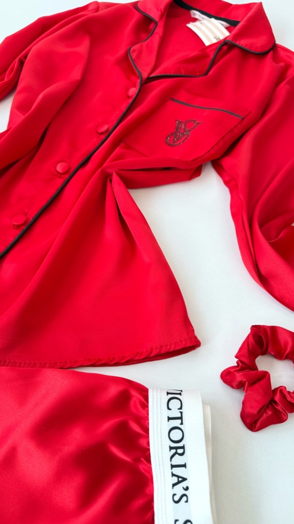 Vs İpek Saten Taş Nakış Bel Lastik Kırmızı Pijama Takımı